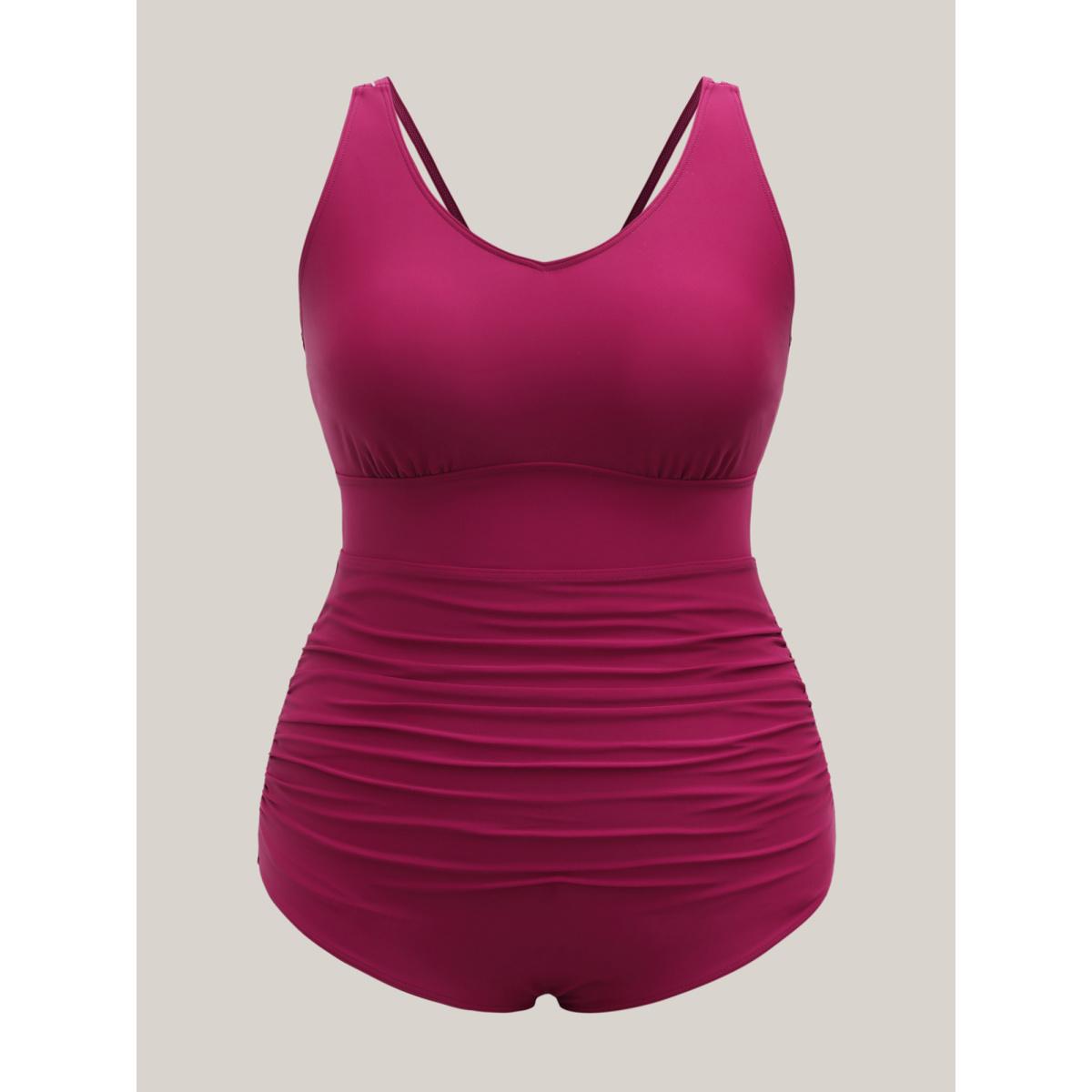 Plus Size Backless Ruched Adjustable One-Piece Swimsuit Women's Swimwear Rosered Resort Gathered Curve Bathing Suits High stretch One Pieces BloomChic 18-20/2X Product Image