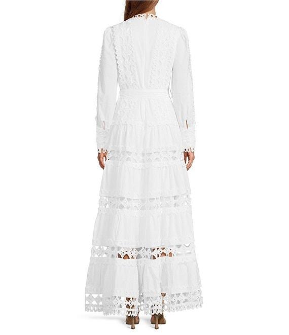 Layered With Love Woven Cotton Crew Neck Blouson Sleeves Belted Crochet Trim A-Line Maxi Dress Product Image