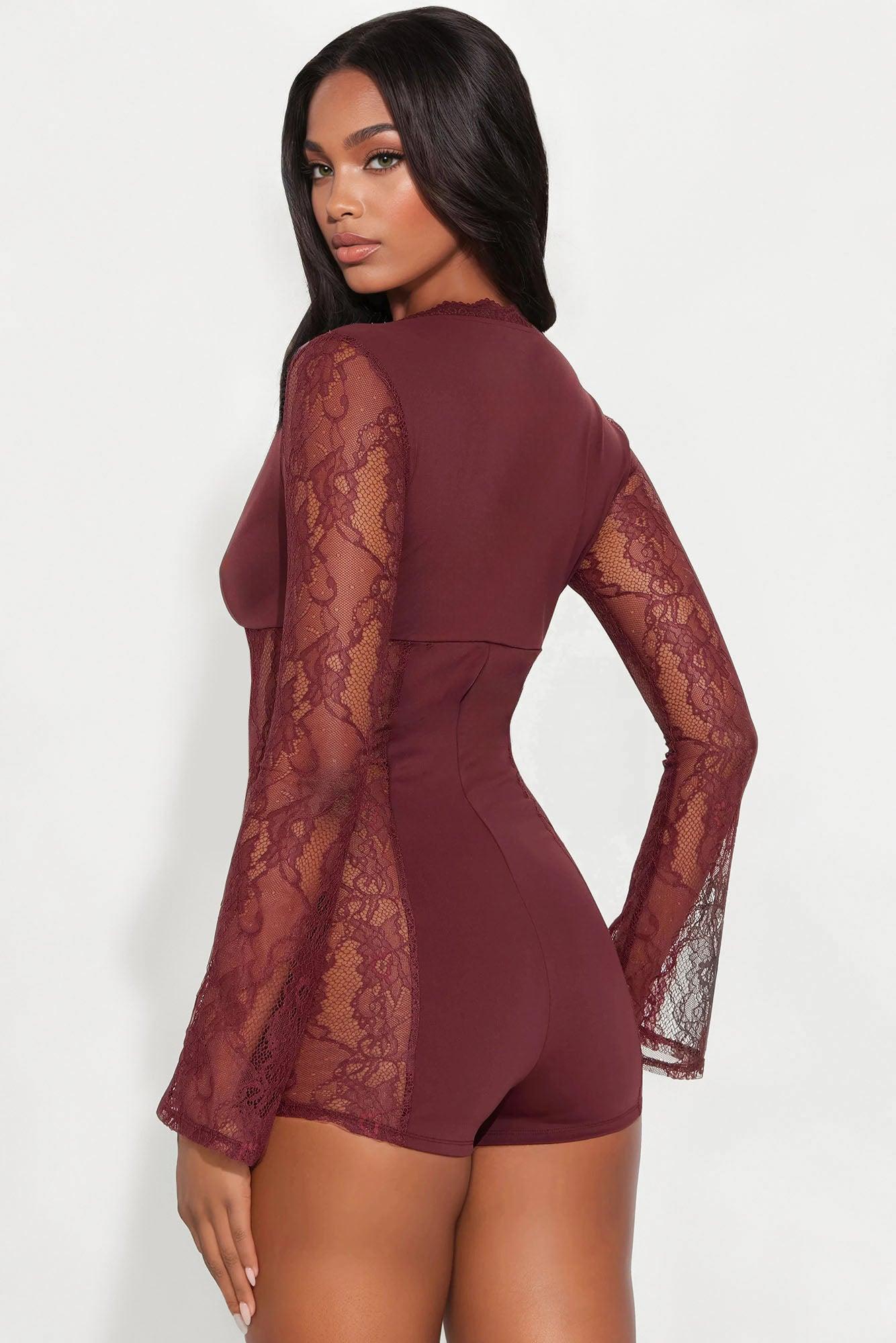 Cleo Lace Long Sleeve Romper - Burgundy Female Product Image