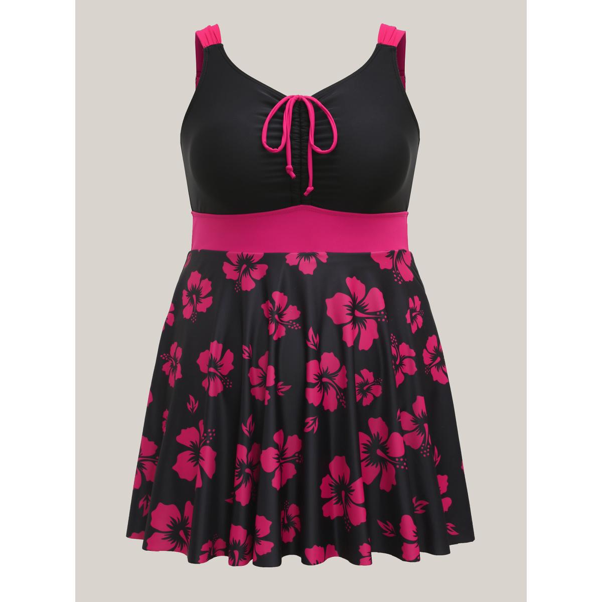 Plus Size Color Contrast Floral Drawstring Swim Dress Women's Swimwear Rosered Beach Bodycon Heart neckline High stretch Curve Swim Dresses BloomChic 12/L Product Image