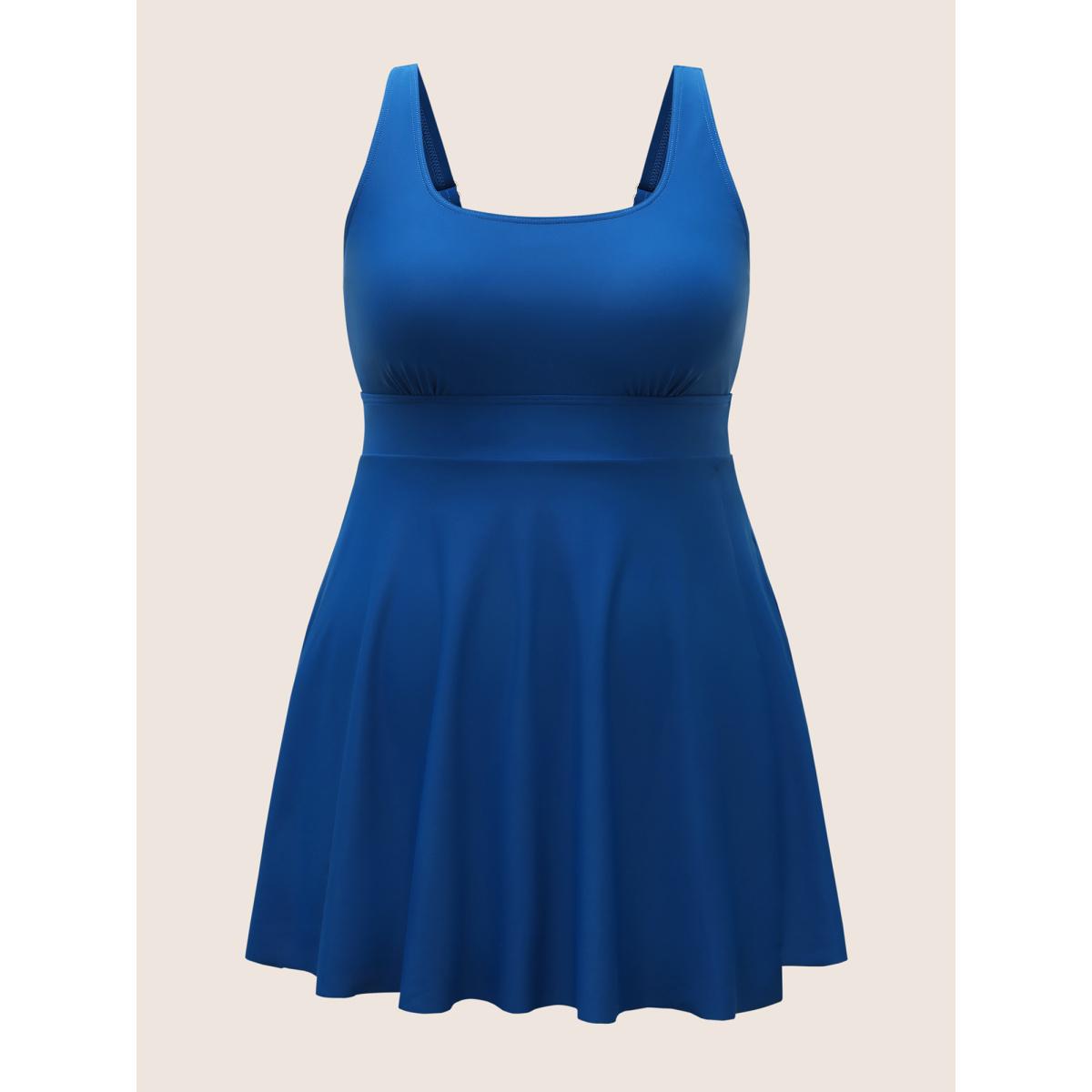 Plus Size U Neck Solid Tiered Slit Hem Swim Dress Women's Swimwear Mediumblue Beach Bodycon U-neck High stretch Curve Swim Dresses BloomChic 14-16/1X Product Image