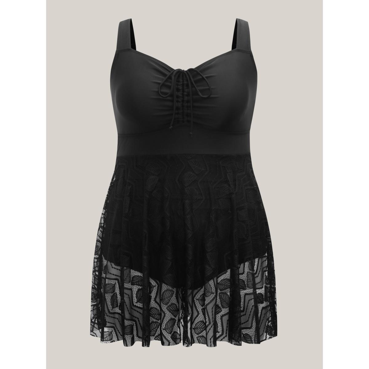 Plus Size Lace Pleated Ruched Drawstring Swim Dress Women's Swimwear Black Beach Bodycon Heart neckline High stretch Curve Swim Dresses BloomChic 10/M Product Image