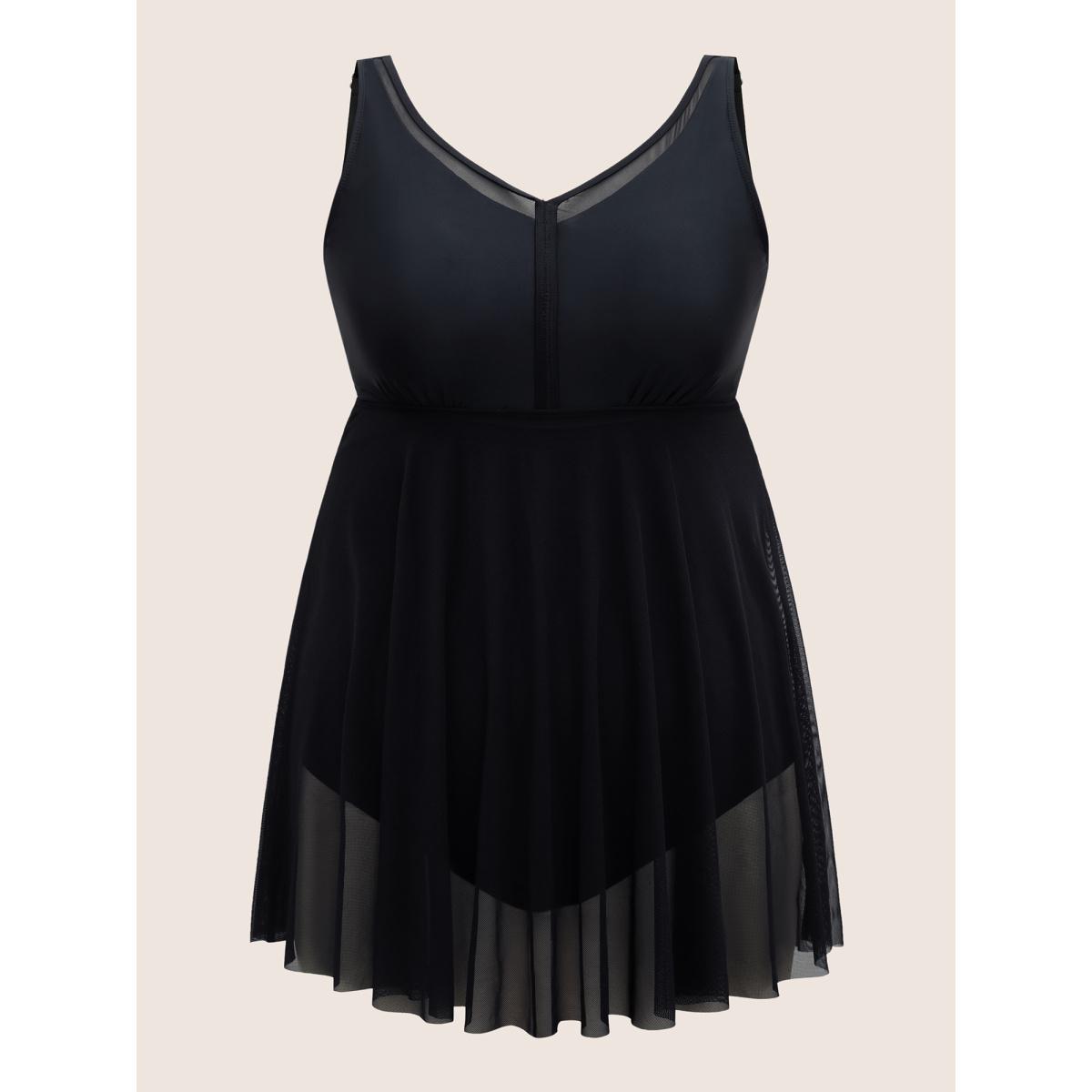 Plus Size Solid Mesh Patchwork Adjustable Straps Swim Dress Women's Swimwear Black Beach Bodycon V-neck High stretch Curve Swim Dresses BloomChic 18-20/2X Product Image