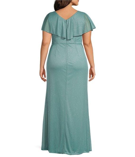 Ignite Evenings Plus Size V-Neck Flutter Sleeve Capelet Bugle Bead Trim Gown Product Image