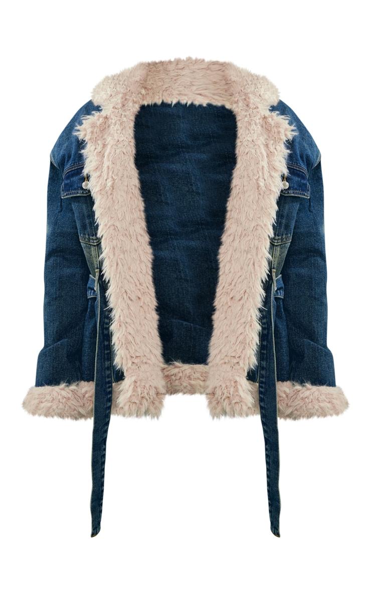 Indigo Vintage Wash Borg Contrast Tie Waist Denim Jacket Product Image