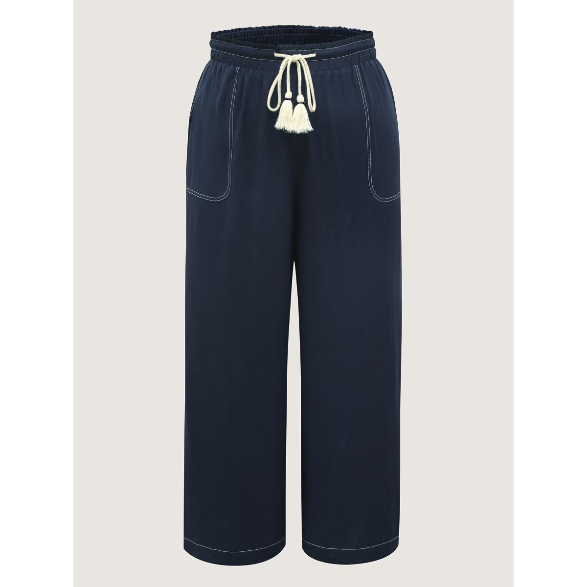 Plus Size Contrast Thread Detail Wide-Leg Pants Women Indigo Leisure Loose Mid Rise Casual Pants BloomChic 28/5X Product Image