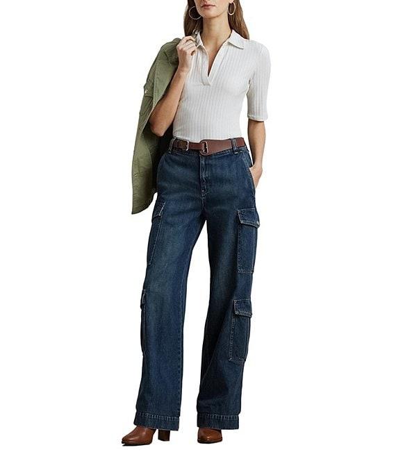 Lauren Ralph Lauren Petite Size Rib Knit Collared Elbow Sleeve Slim Fit Polo T-Shirt Product Image