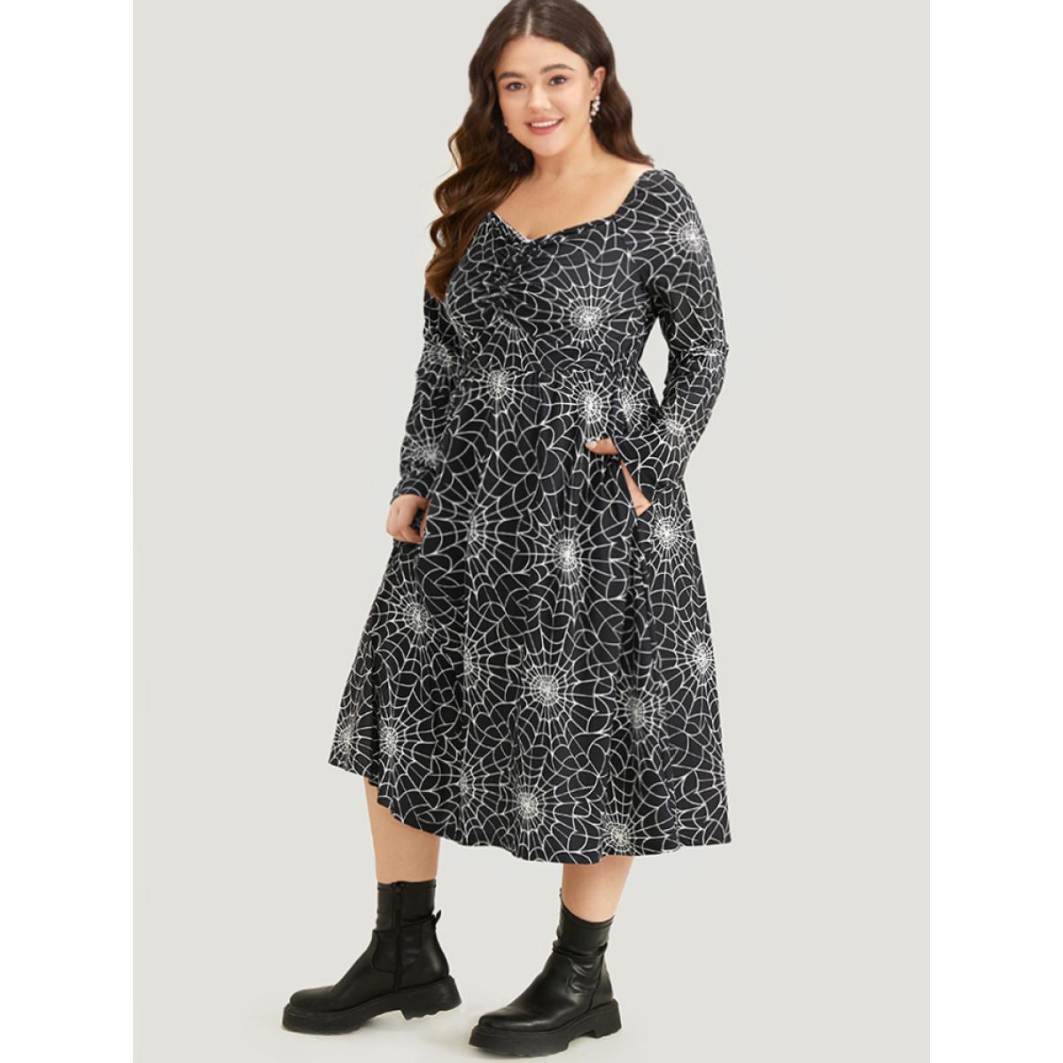 Plus Size Halloween Spider Web Pocket Square Neck Dress Black Women Casual Gathered Square Neck Long Sleeve Curvy Midi Dress BloomChic 10/M Product Image