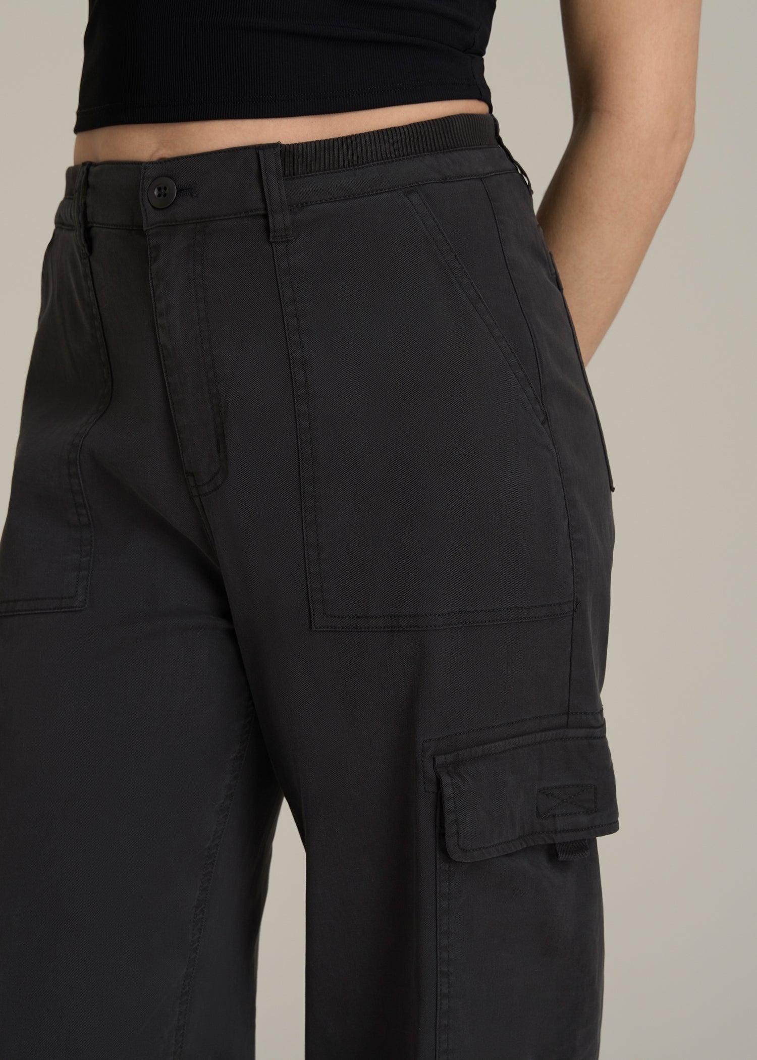 Garment Dyed Wide Leg Cargo Pants for Tall Women in Washed Vintage Black Female Product Image