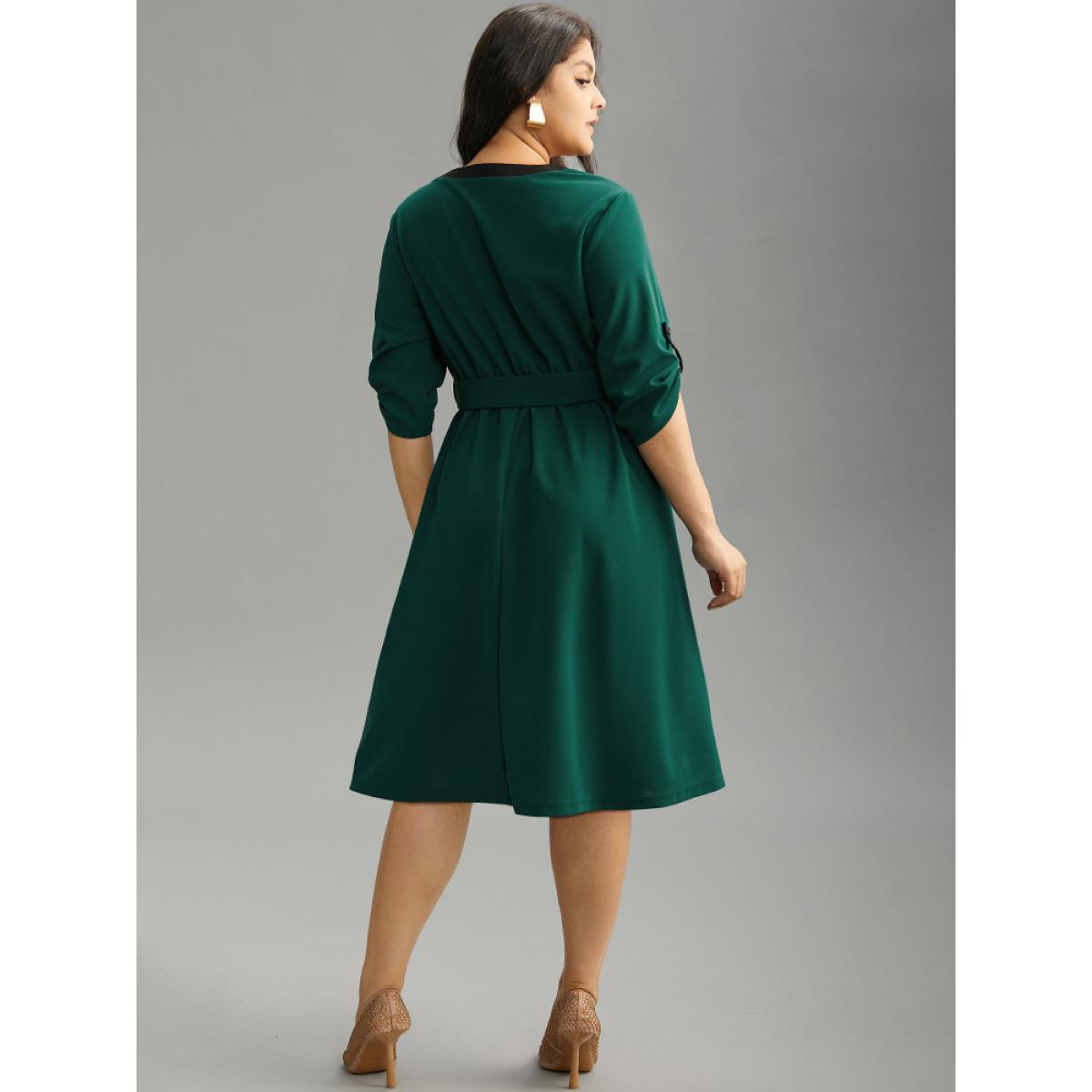 Plus Size Solid Contrast Trim Belted Flap Detail Dress Emerald Women Office Gathered V-neck Elbow-length sleeve Curvy Midi Dress BloomChic 30/6X Product Image