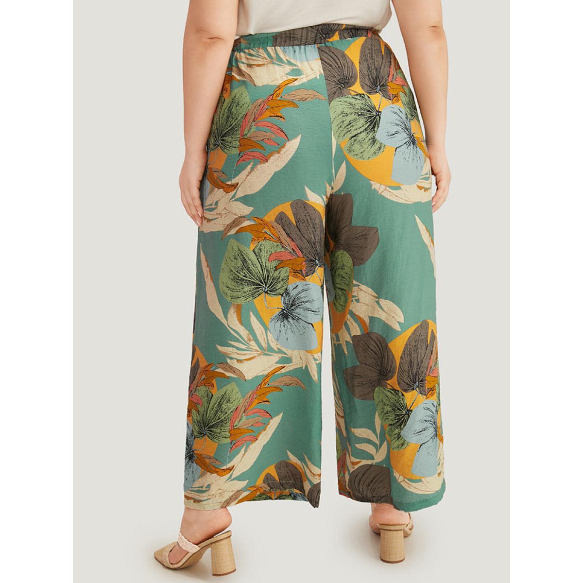 Plus Size Plants Print Elastic Waist Ties Pants Women Mint Vacation Straight Leg High Rise Dailywear Pants BloomChic 26/4X Product Image