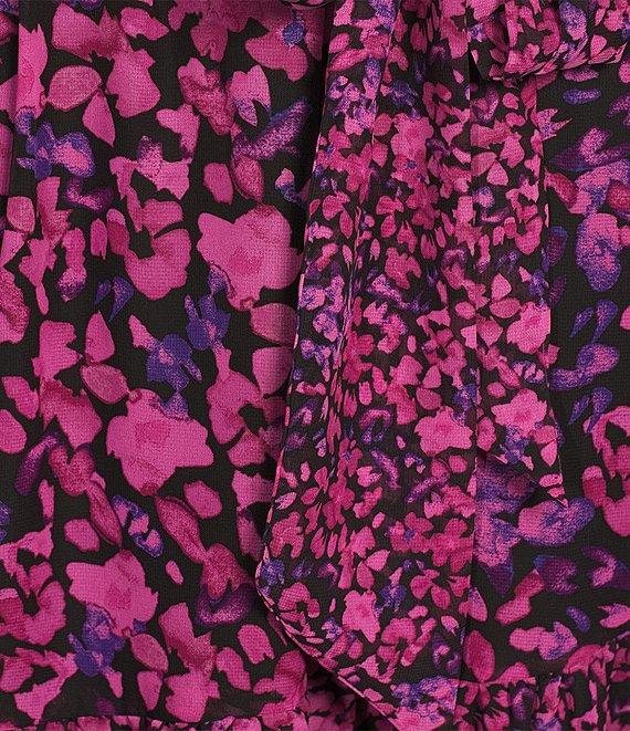 Kasper Floral Chiffon V-Neck Long Sleeve Belted Tiered Ruffle A-Line Midi Dress Product Image