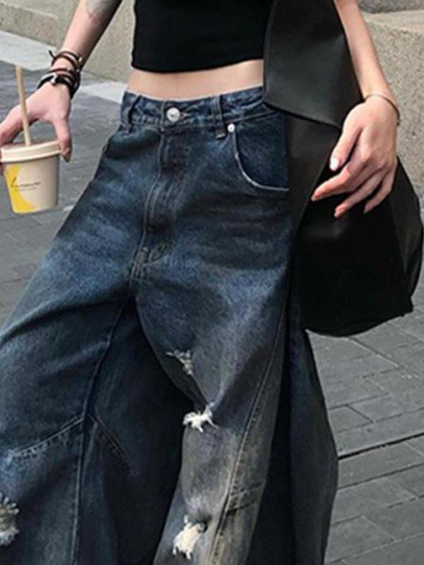 Retro Distressed Dirty Dyed Wide Legs Boyfriend Jeans Product Image