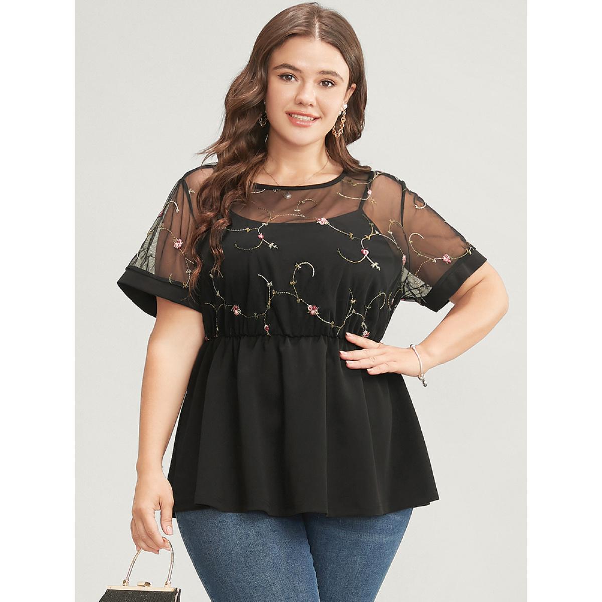 Plus Size Black Floral Embroidered Mesh Patchwork Ruffles Blouse Women Glamour Short sleeve Round Neck Party Blouses BloomChic 26/4X Product Image