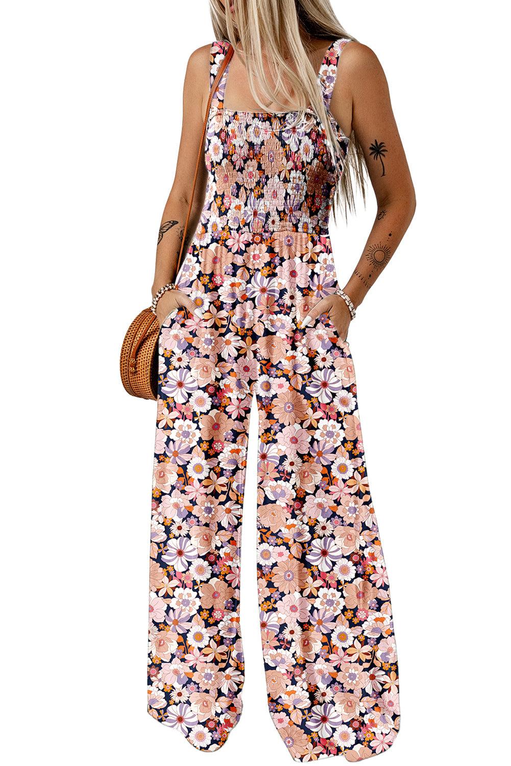 Black Floral Square Neckline Stretch High Waist Jumpsuit Product Image