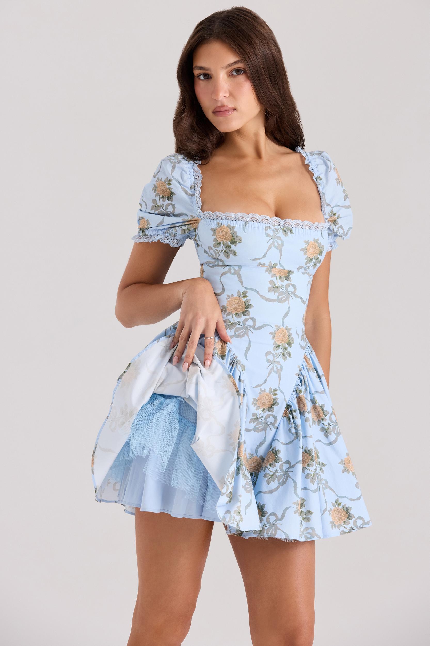 Rosie  blue rose print cotton mini dress Product Image