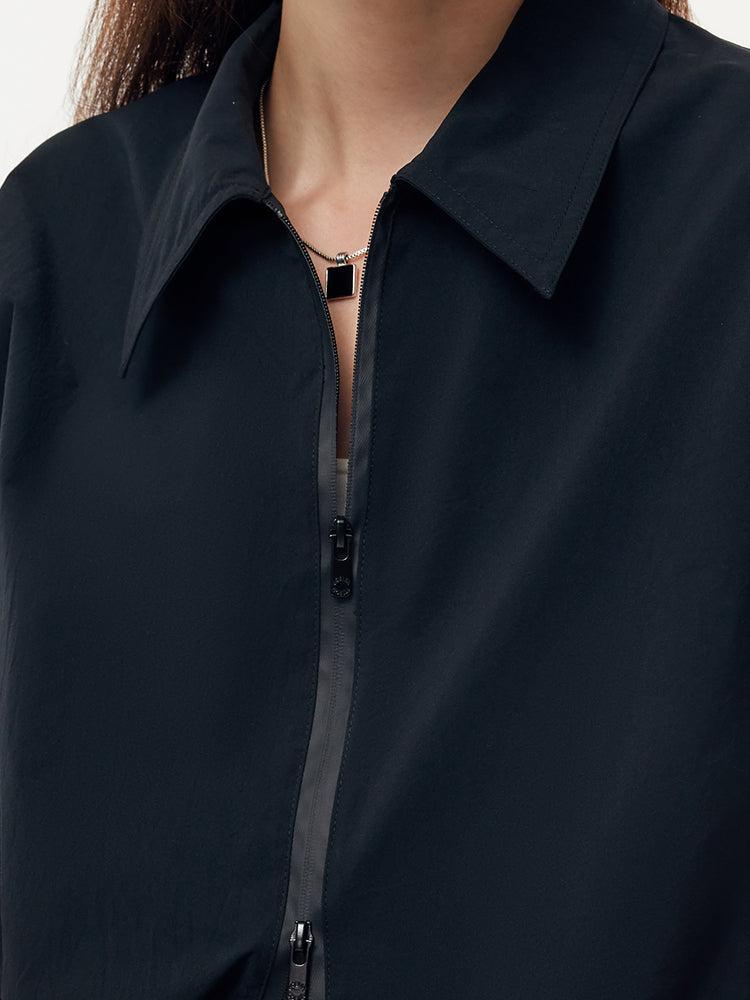 Short Sleeve Zip-Up Jacket And Adjustable Waist Skirt Two-Piece Set Product Image