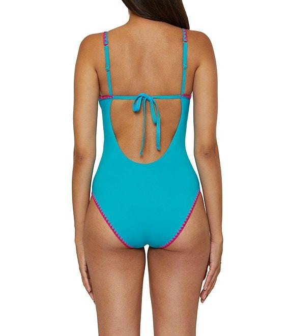 Lucky Brand Marbella Contrast Shell Stitch V-Neck One Piece Swimsuit Product Image