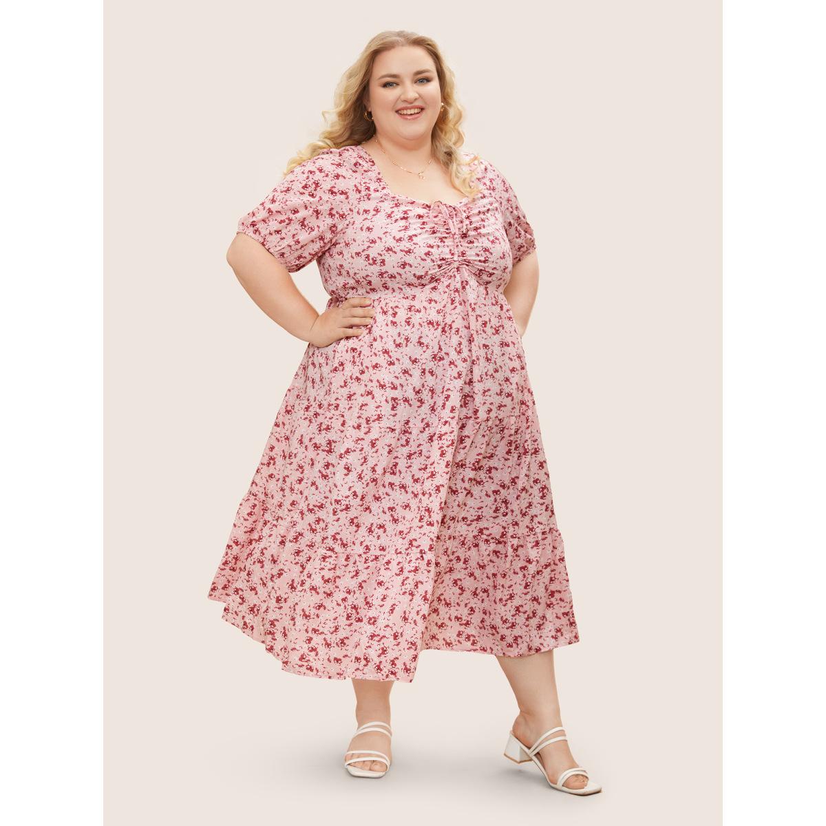 Plus Size Ditsy Floral Ruffle Tiered Pocket Ruched Puff Sleeve Drawstring Dress Watermelon Women Elegant Non Square Neck Short sleeve Curvy BloomChic 22-24/3X Product Image
