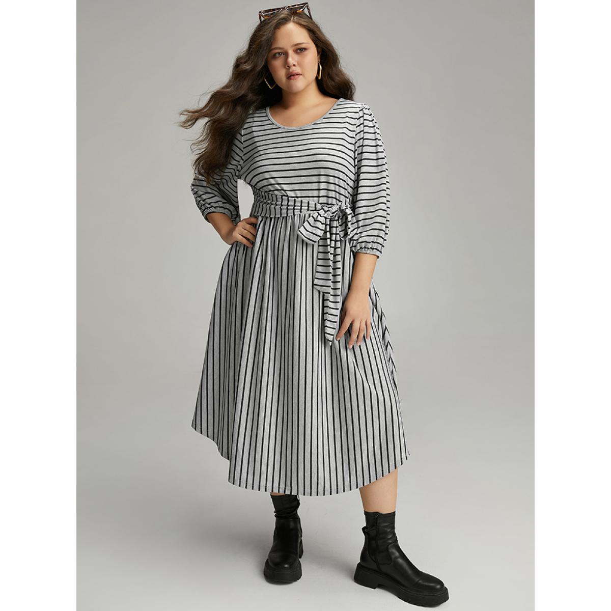 Plus Size Striped Ties Lantern Sleeve Curved Hem Dress Gray Women Casual Elastic cuffs Round Neck Elbow-length sleeve Curvy Midi Dress BloomChic 18-20/2X Product Image