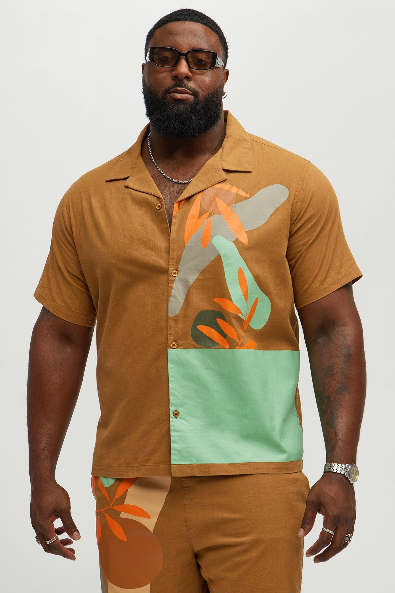 Brown Floral Short Sleeve Button Up Shirt  - Brown Product Image