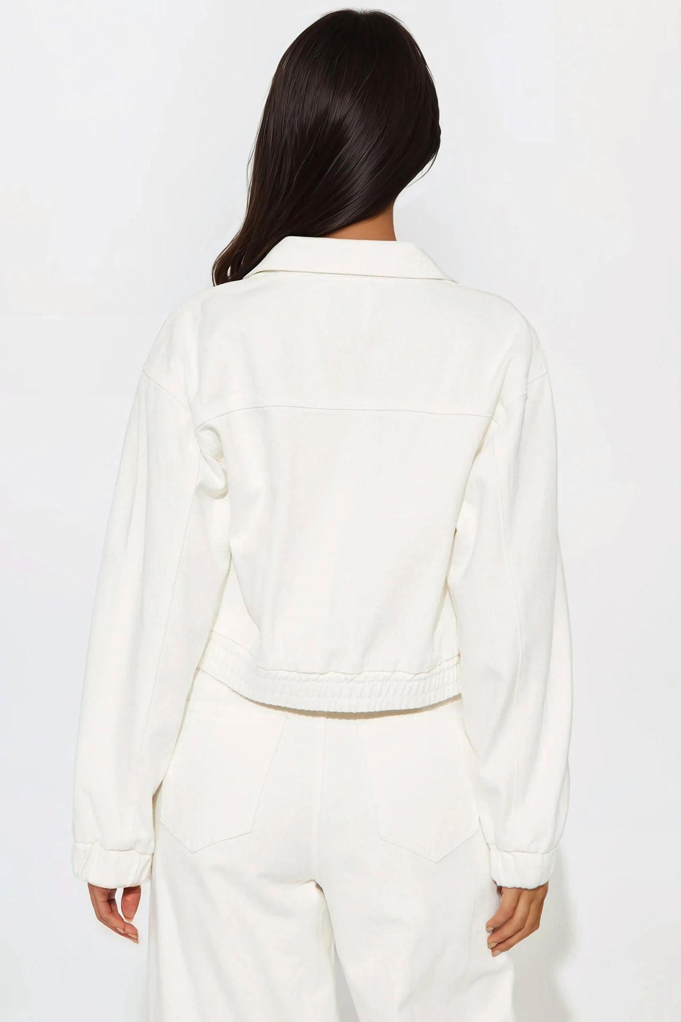 Horseshoe Long Sleeve Cropped Twill Trucker Jacket - White Product Image