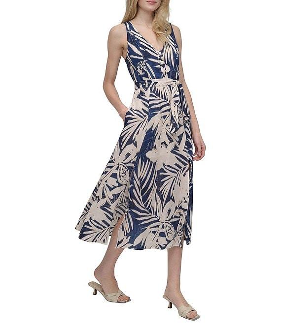DKNY by Donna Karan Floral Print V-Neck A-Line Midi Dress Product Image