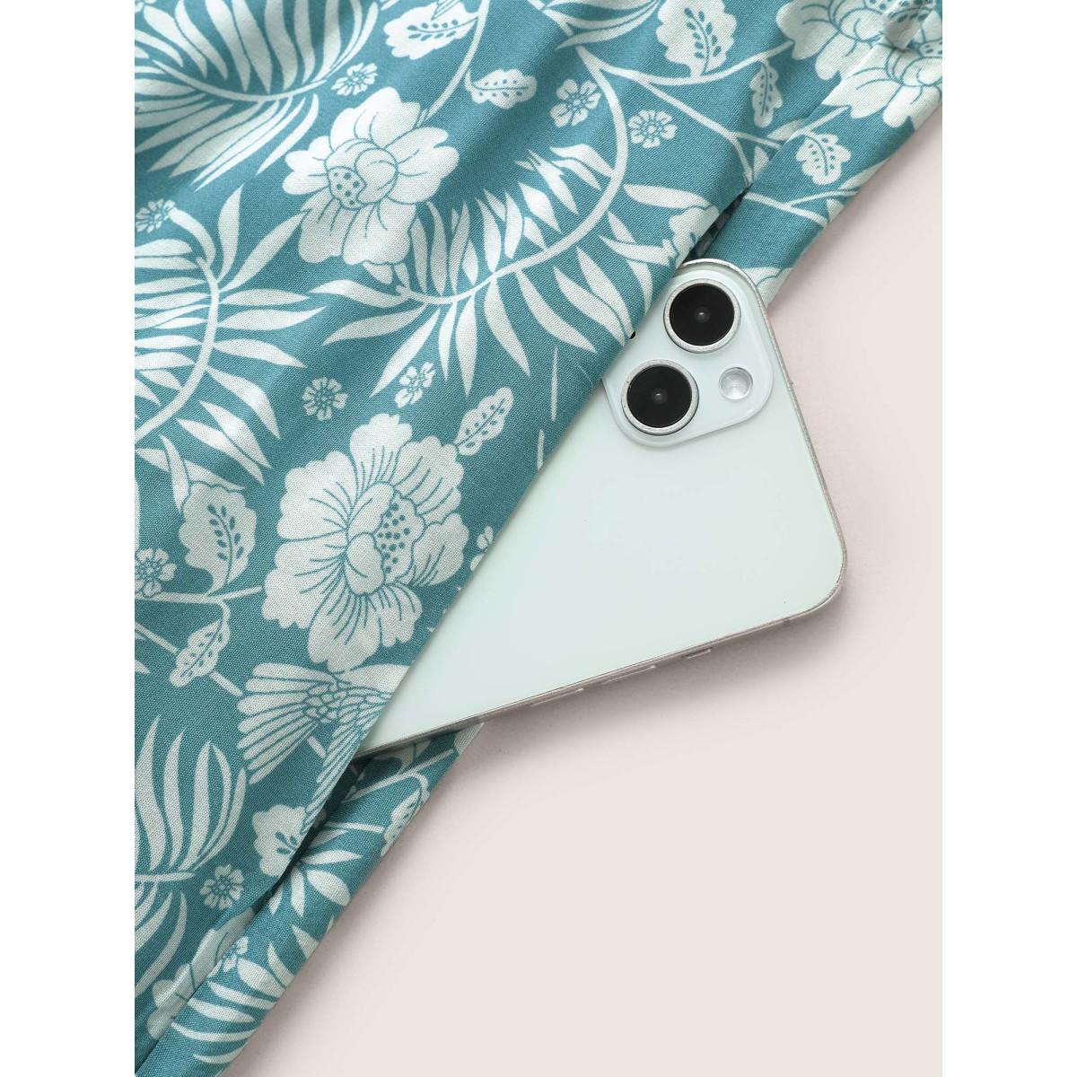 Plus Size Boho Print Tie Neck Belted Pleated Dress Turquoise Women Resort Non V-neck Sleeveless Curvy Midi Dress BloomChic 26/4X Product Image