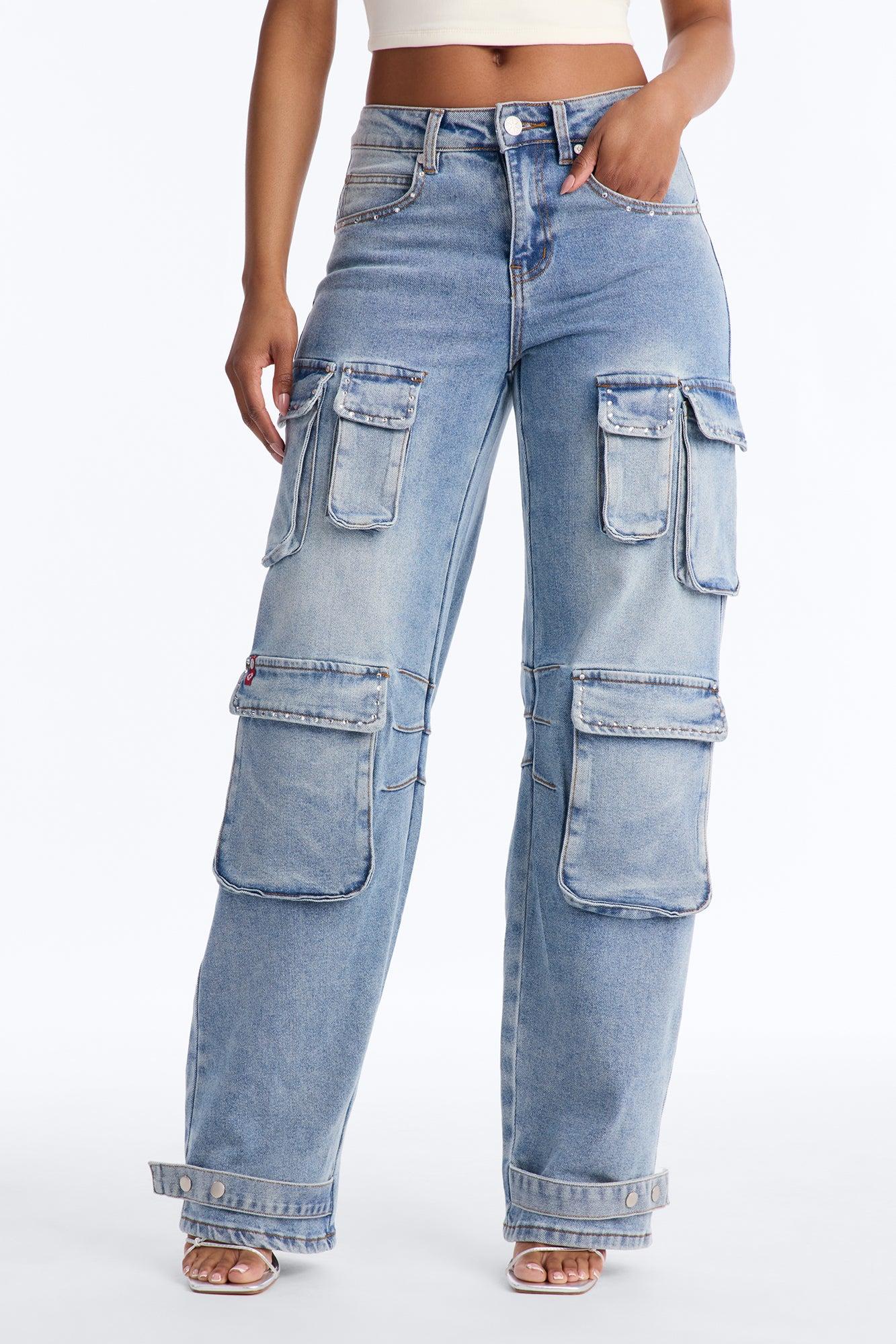 Southpole Embellished Loose Fit Cargo Jeans - Light Wash Female Product Image