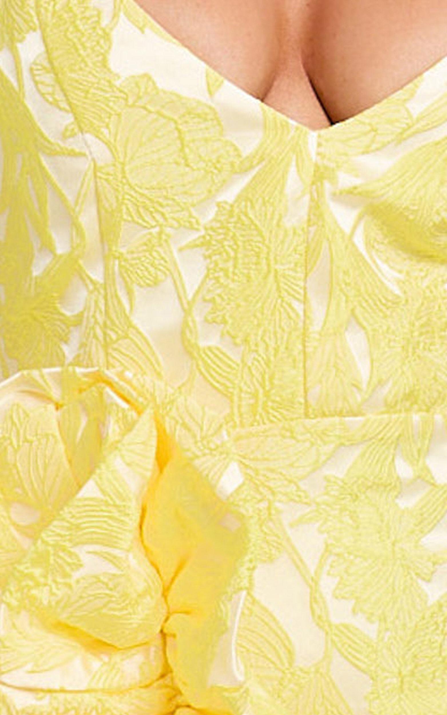 Arlette Mini Dress - Plunge Ruffle Detail Jacquard Dress in Yellow Product Image
