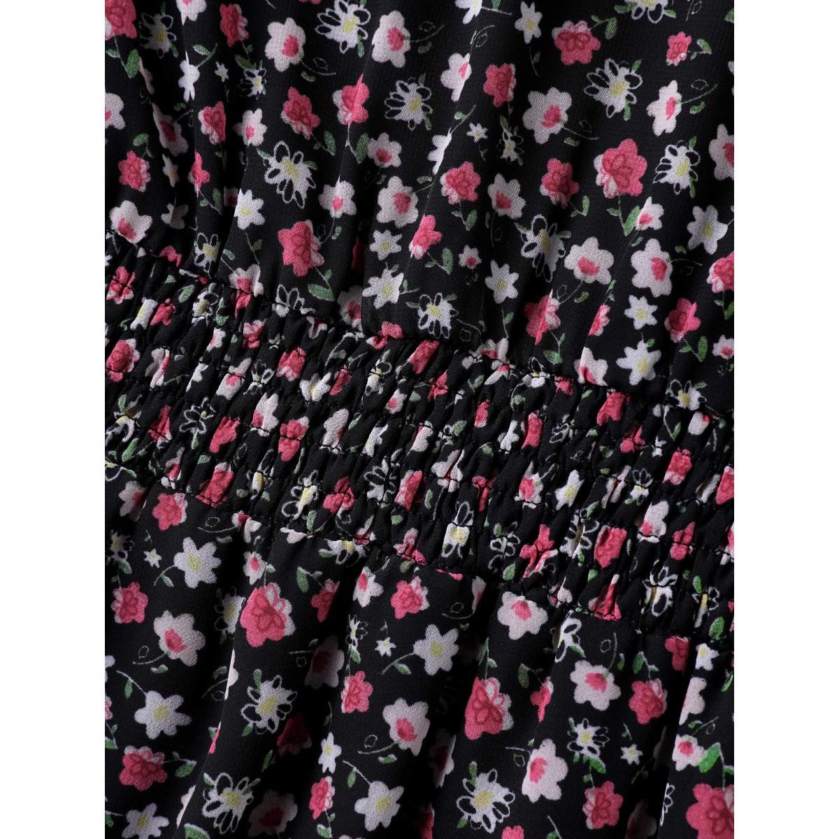 Plus Size Black Floral Print Shirred Waist Cinched Shirt Women Timeless Half Sleeve V-neck Elegant Blouses BloomChic 12/L Product Image