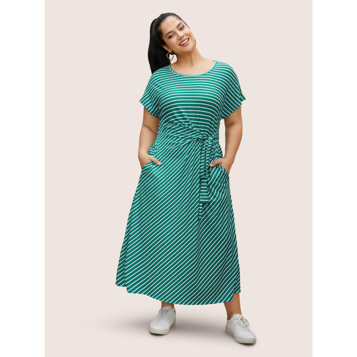 Plus Size Striped Tie Knot Batwing Sleeve Split Side Dress Emerald Women Casual Tie knot Round Neck Cap Sleeve Curvy BloomChic 18-20/2X Product Image