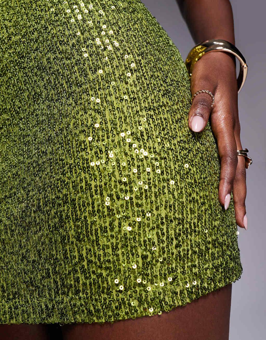 ASOS DESIGN sequin mini skirt in olive Product Image