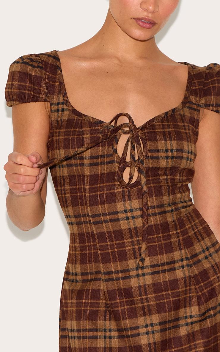 Petite Brown Checked Front Tie Mini Dress Product Image