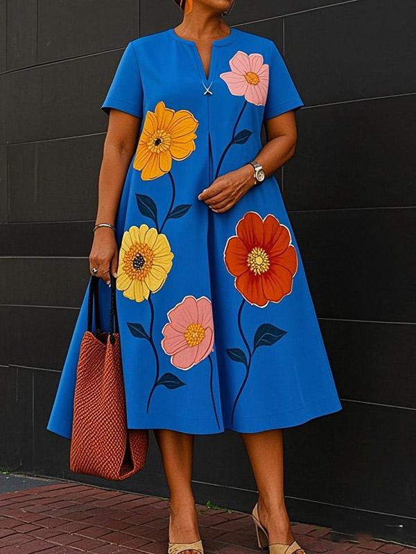 A-Line Loose Flower Print V-Neck Midi Dresses Product Image