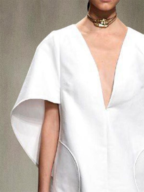 Half Sleeves Loose Solid Color Deep V-Neck Mini Dresses Product Image