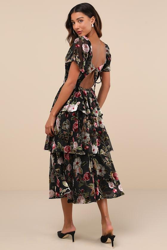 Darling Endeavor Black Velvet Burnout Tiered Midi Dress Product Image