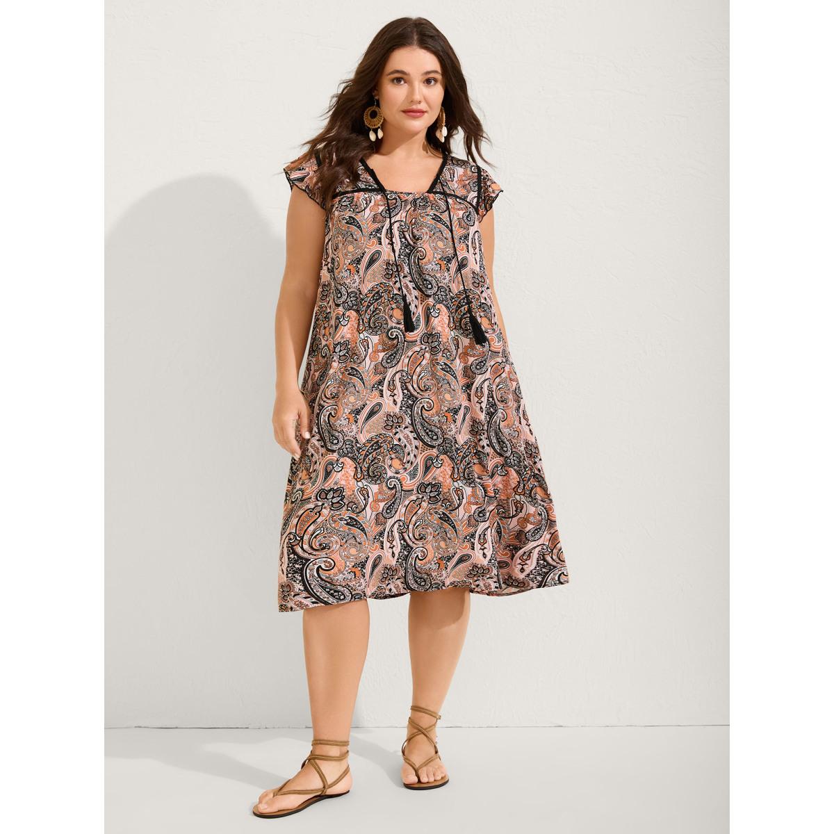 Plus Size Rayon Paisley Print Neck Tie Midi Dress Multicolor Women Boho Square Neck Cap Sleeve Curvy BloomChic 12/L Product Image