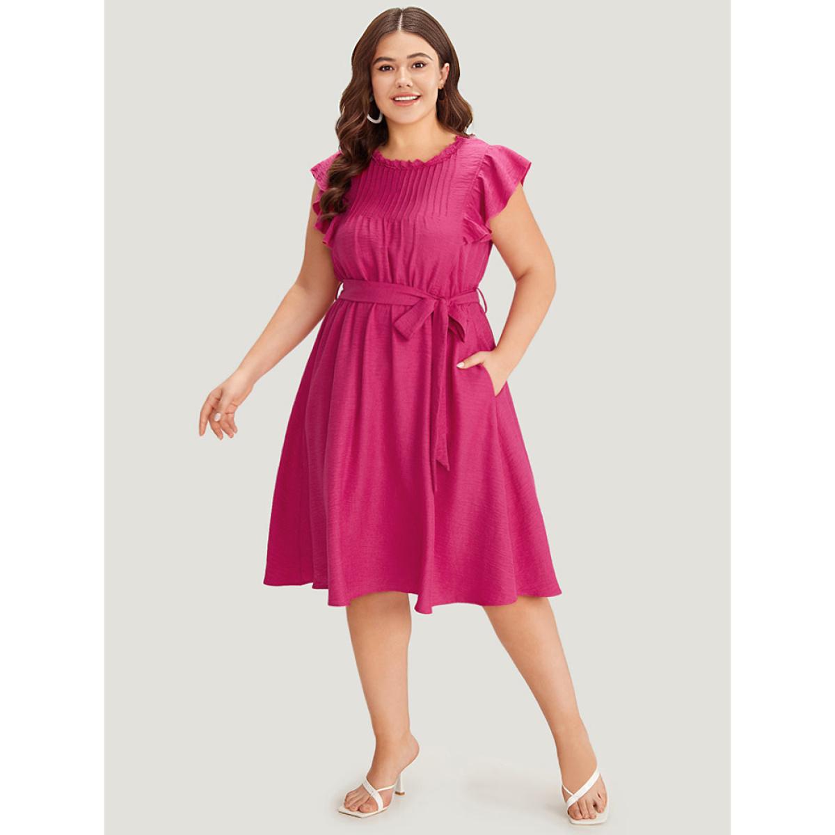 Plus Size Solid Pocket Lace Insert Pleated Flutter Sleeve Dress RedViolet Women Office Gathered Round Neck Sleeveless Curvy Knee Dress BloomChic 10/M Product Image