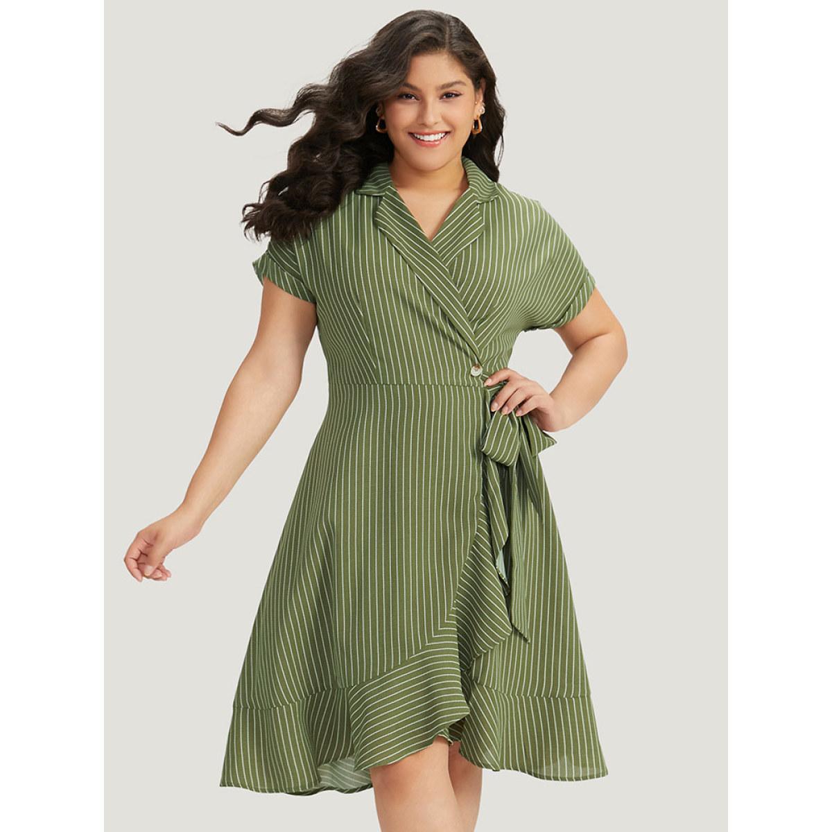 Plus Size Suit Collar Ruffles Pocket Button Up Ties Batwing Sleeve Dress Moss Women Office Button Suit Collar Short sleeve Curvy Midi Dress BloomChic 10/M Product Image