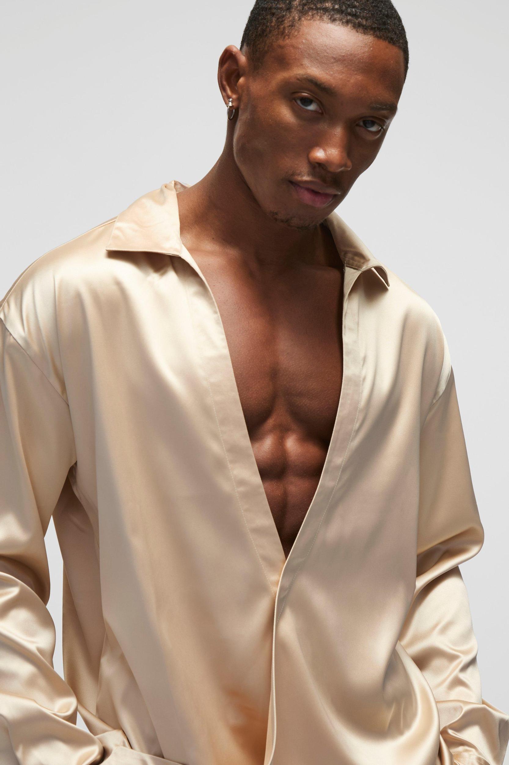 Oversized Deep V Satin Shirt | boohooMAN USA Product Image