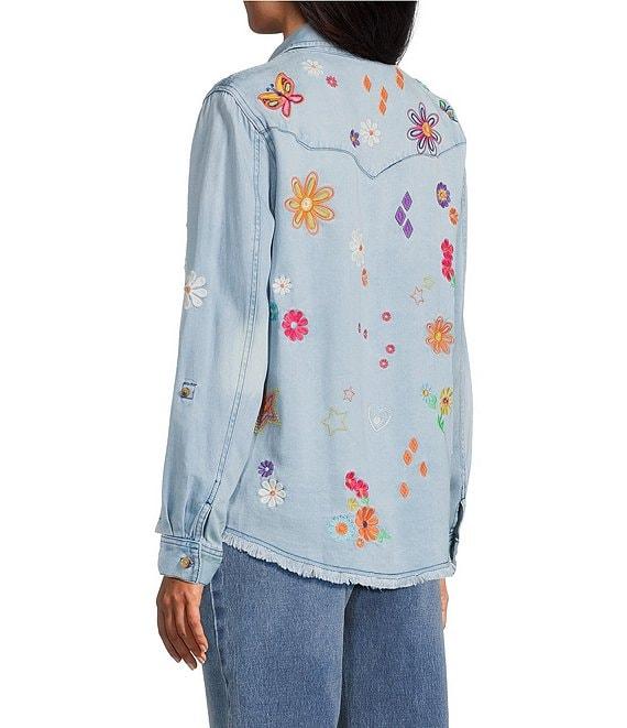 John Mark Petite Size Woven All Over Floral Embroidered Point Collar Long Roll-Tab Sleeve Button Front Blouse Product Image