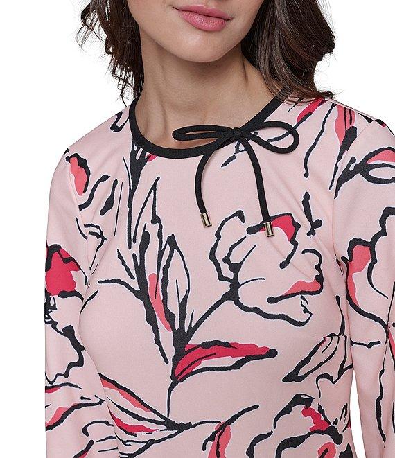 KARL LAGERFELD PARIS Bow Neck Floral Print Scuba Crepe Flounce Hem Sheath Dress Product Image