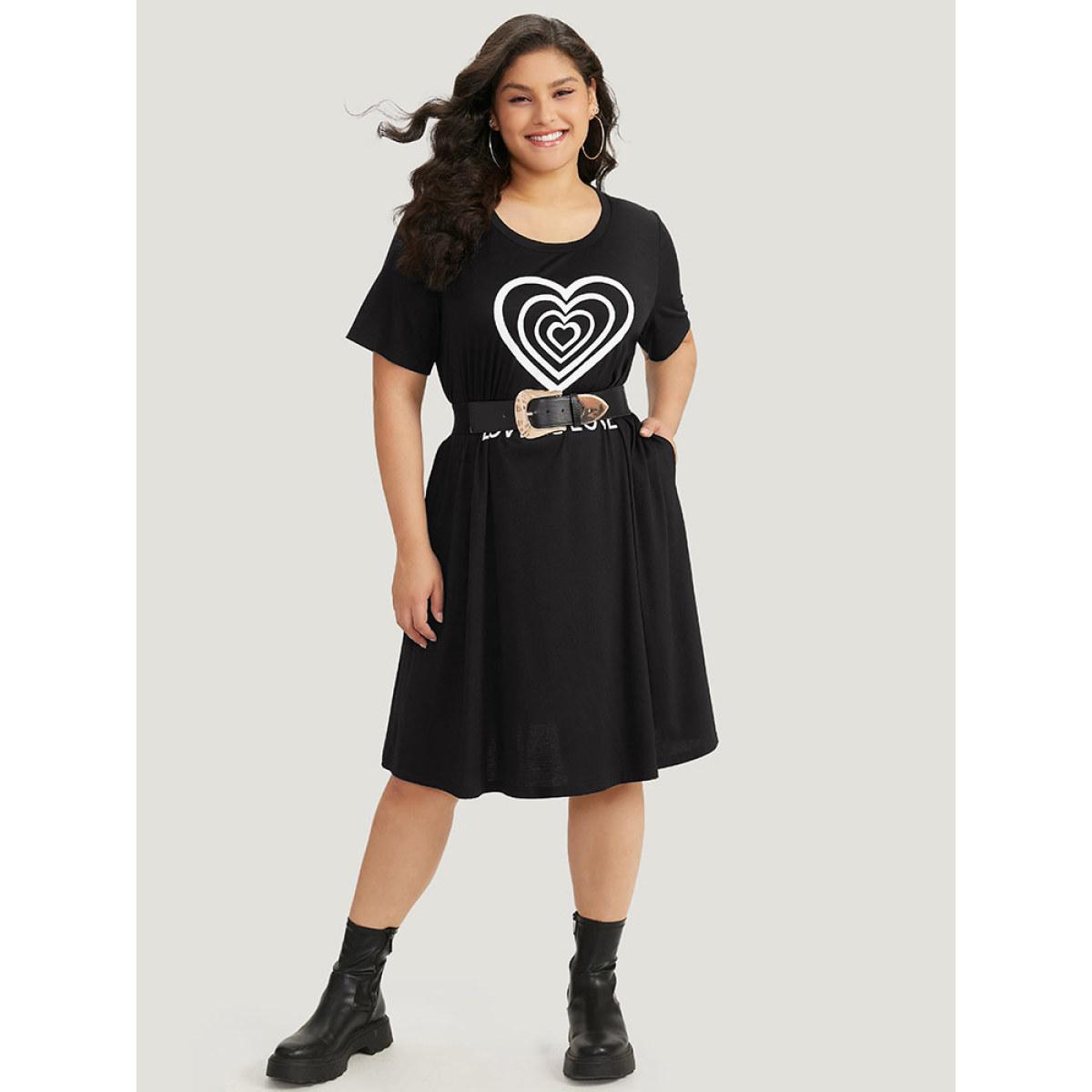 Plus Size Supersoft Essentials Heart & Letter Pocket Crew Neck Dress Black Women Casual Plain Curvy Midi Dress BloomChic 12/L Product Image