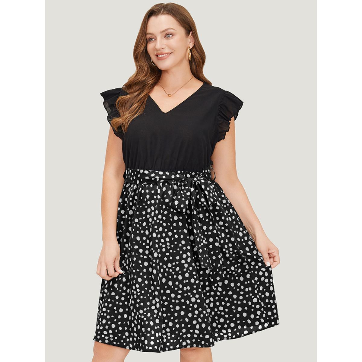 Plus Size Leopard Patchwork Pocket Belt Ruffle Dress Black Women Elegant Belted V-neck Cap Sleeve Curvy Knee Dress BloomChic 18-20/2X Product Image