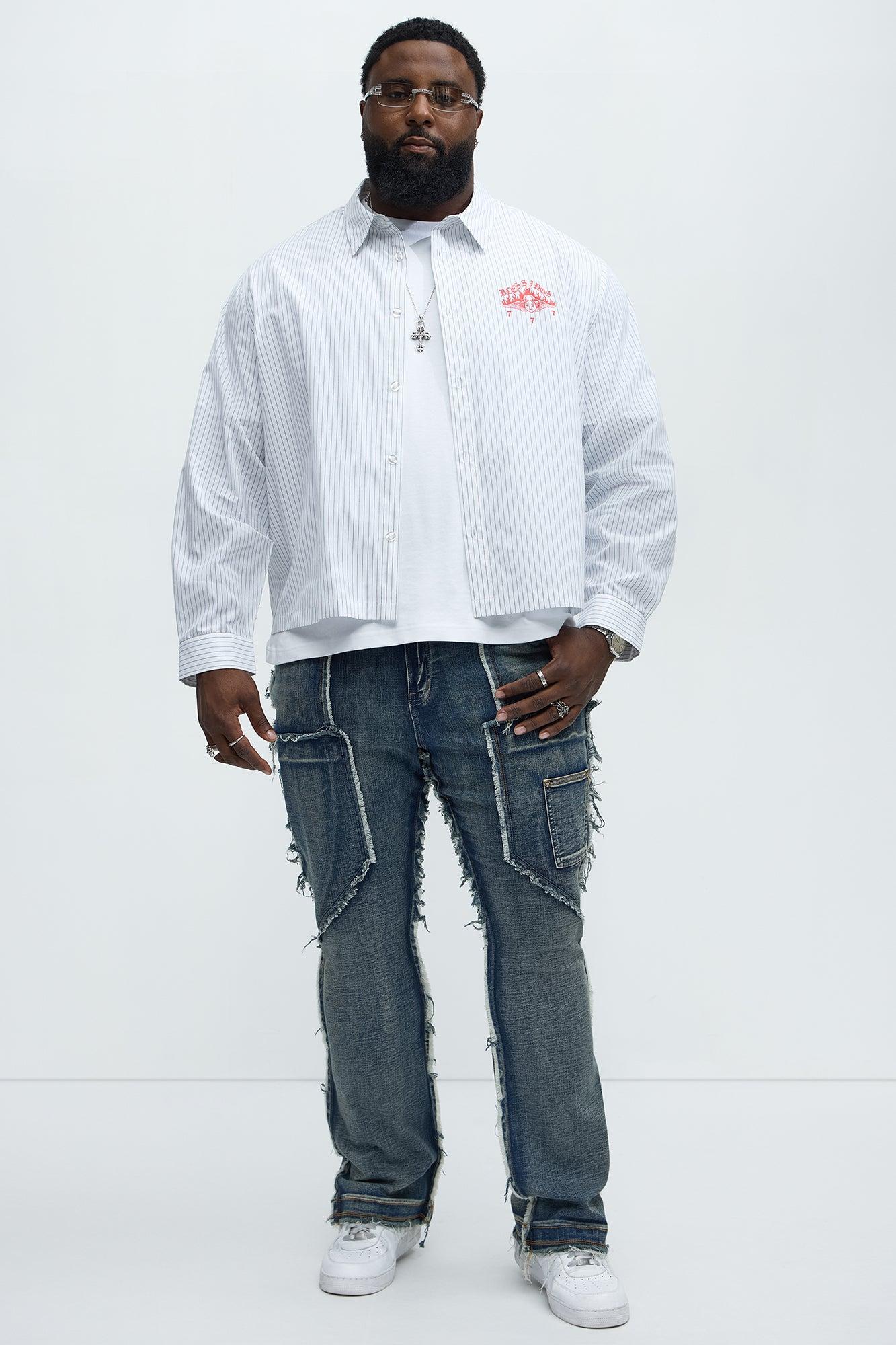 Diagonal Frayed Stacked Skinny Flare Jeans - Dark Wash Product Image