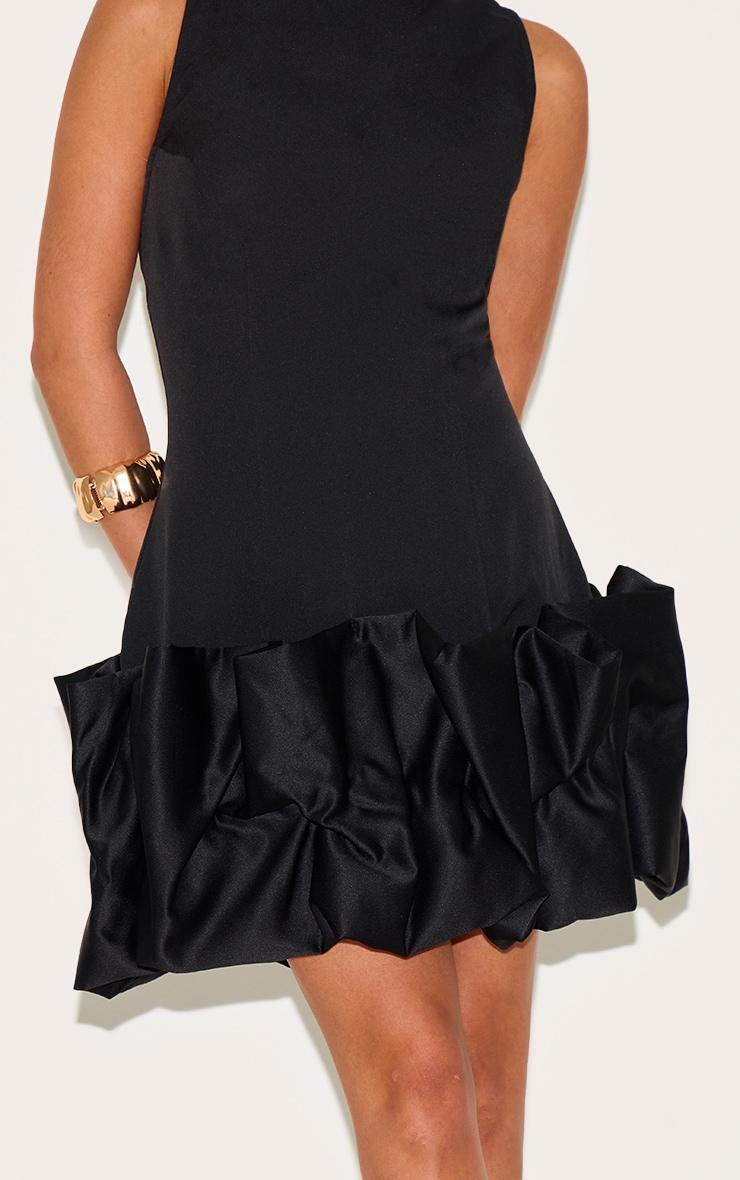 Petite Black Satin Puffball Mini Dress Product Image