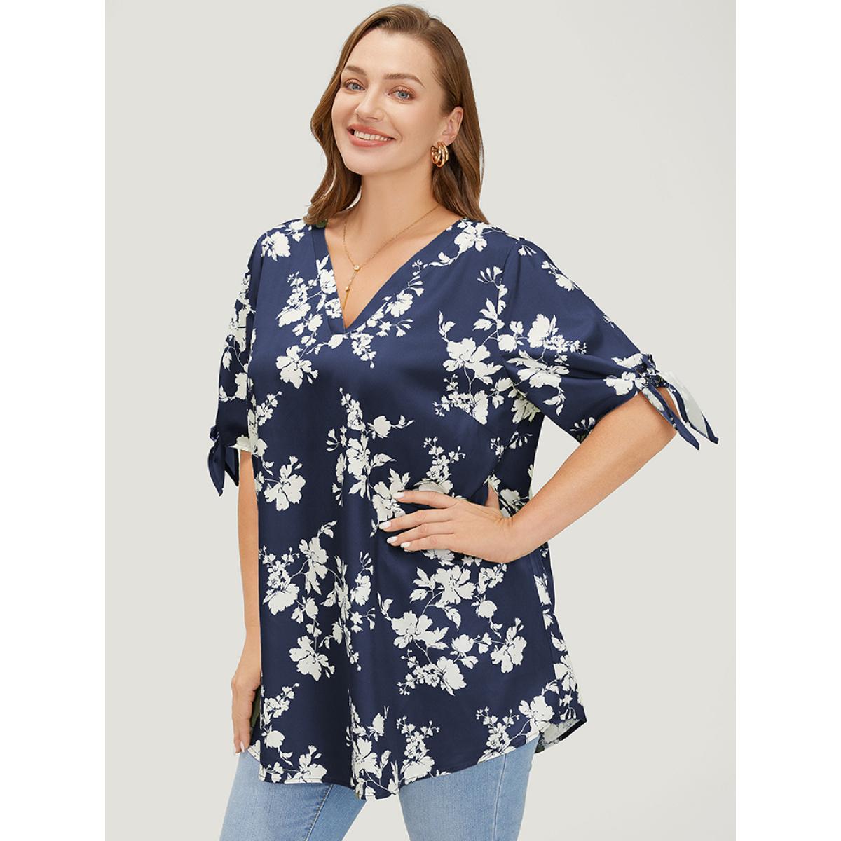 Plus Size Indigo Floral Knot Sleeve V Neck Blouse Women Elegant Short sleeve V-neck Dailywear Blouses BloomChic 18-20/2X Product Image