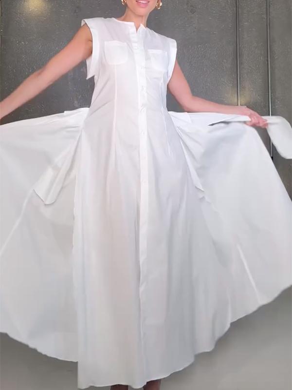 Cap Sleeve Loose Buttoned Solid Color Split-Side Tied Waist Maxi Dresses Shirt Dress Product Image