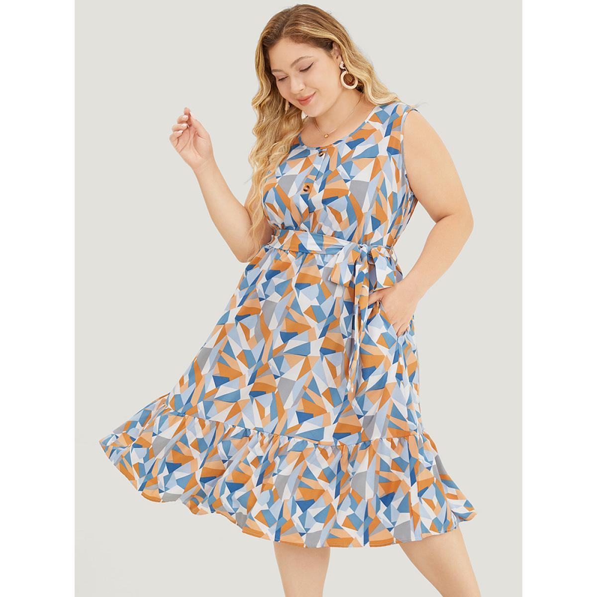 Plus Size Geometric Belt Ruffle Hem Pocket Button Detail Tank Dress Multicolor Women Elegant Contrast Round Neck Sleeveless Curvy Knee Dress BloomChic 26/4X Product Image